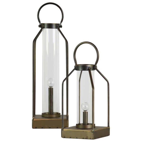 Urban Trends Collection Metal Lantern with Ring Handle Glass Cylinder Antique  Gold Set of 2 38832